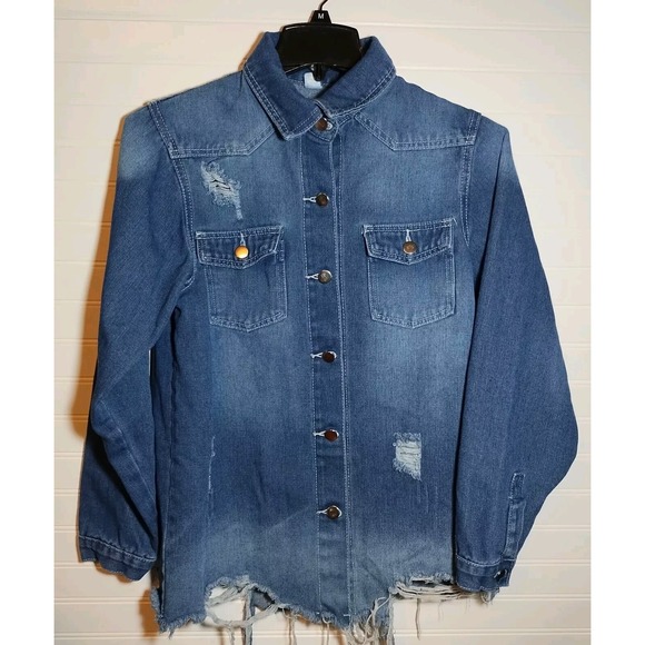Jackets & Blazers - Jeans Brand Women's Blue Jean Denim Jacket Sz Small Pockets Distressed Frayed